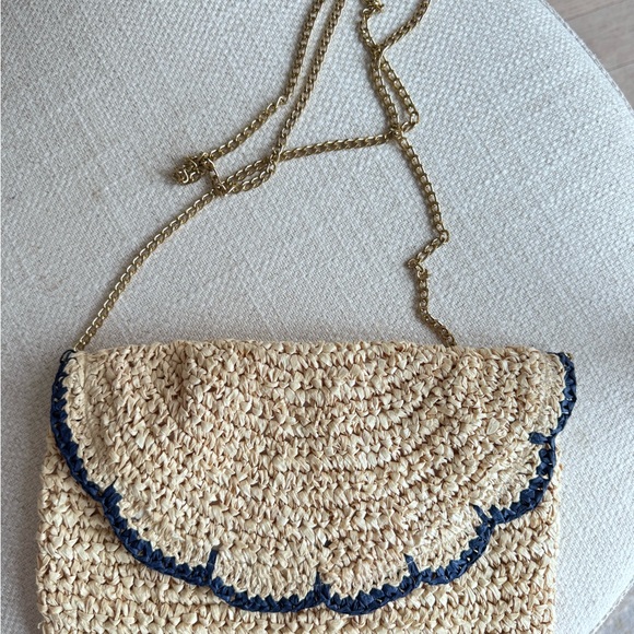 Vintage Raffia Straw Clutch Shoulder Bag Navy Scalloped Trim Coastal Beach - Picture 5 of 6